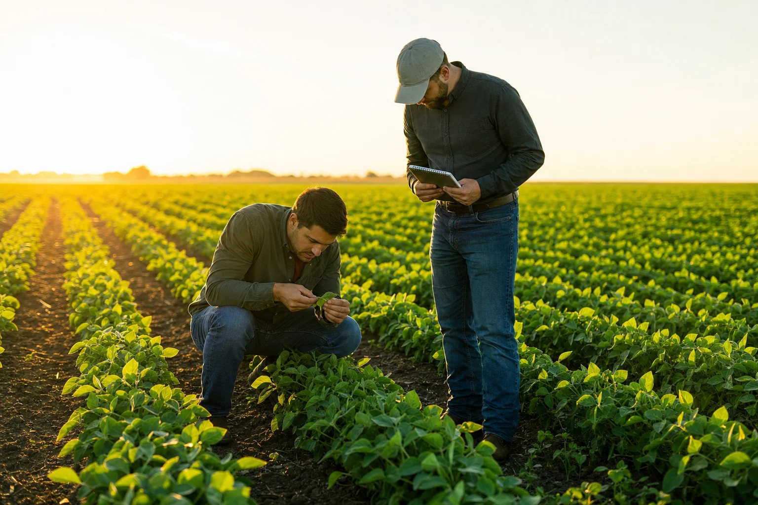 An agronomist crouches between crop rows inspecting a leaf while the farm manager, holding a tablet, stands beside him at golden hour.