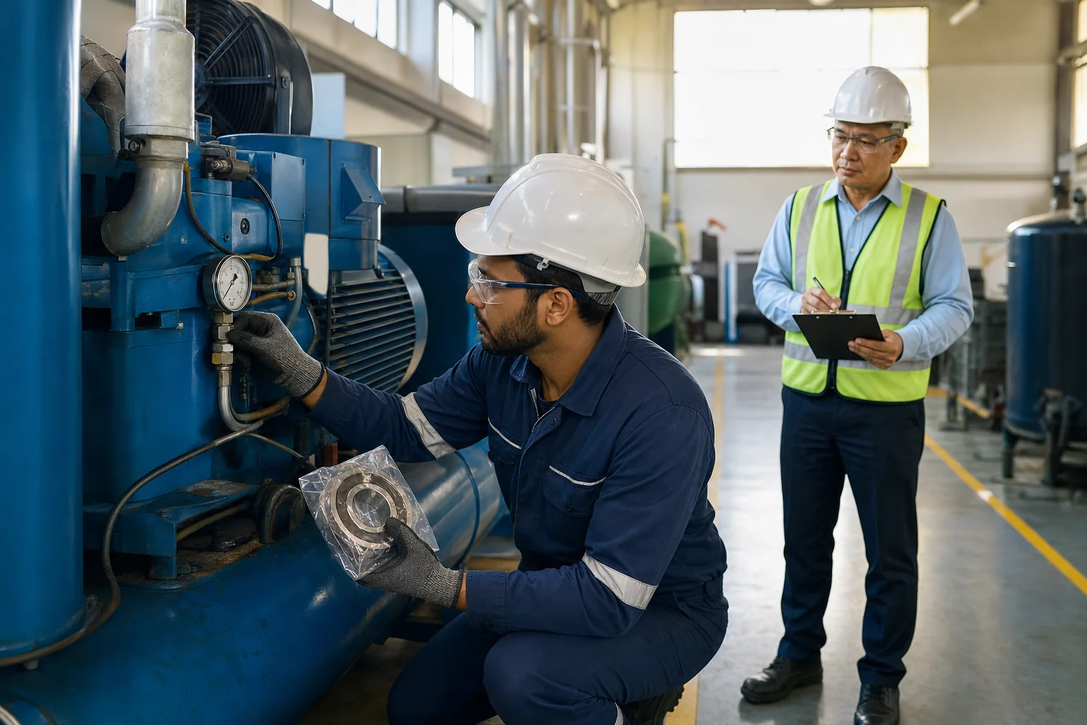 A maintenance technician checks the gauge of an industrial air compressor holding a new bearing kit while a supervisor with a clipboard stands by.