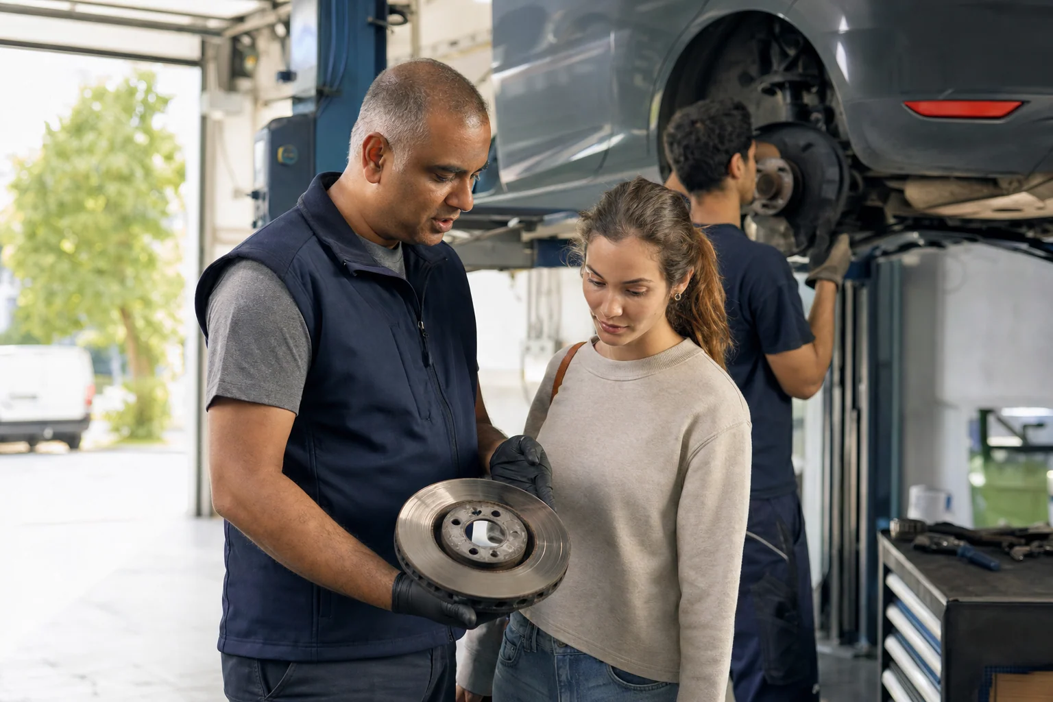 In a clean repair workshop, a service advisor shows a customer a worn brake disc while a technician works on the car raised on the lift behind them.