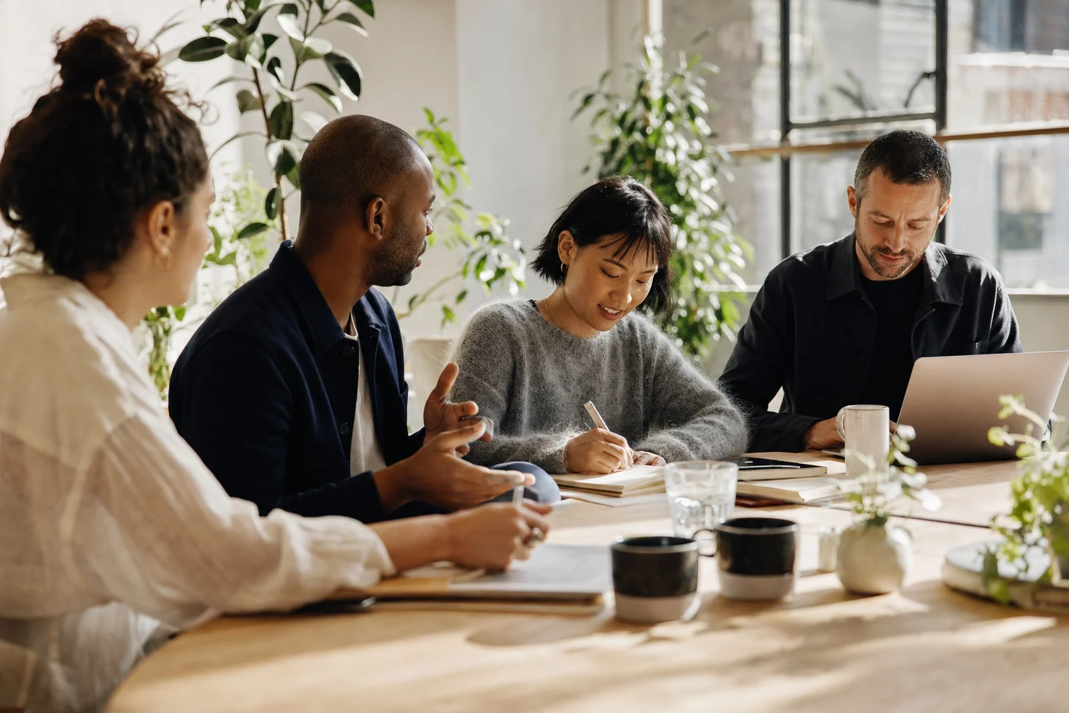 A small team's weekly meeting around a wooden table: one colleague writes the agreed next steps in a notebook while others discuss with coffee and laptops.