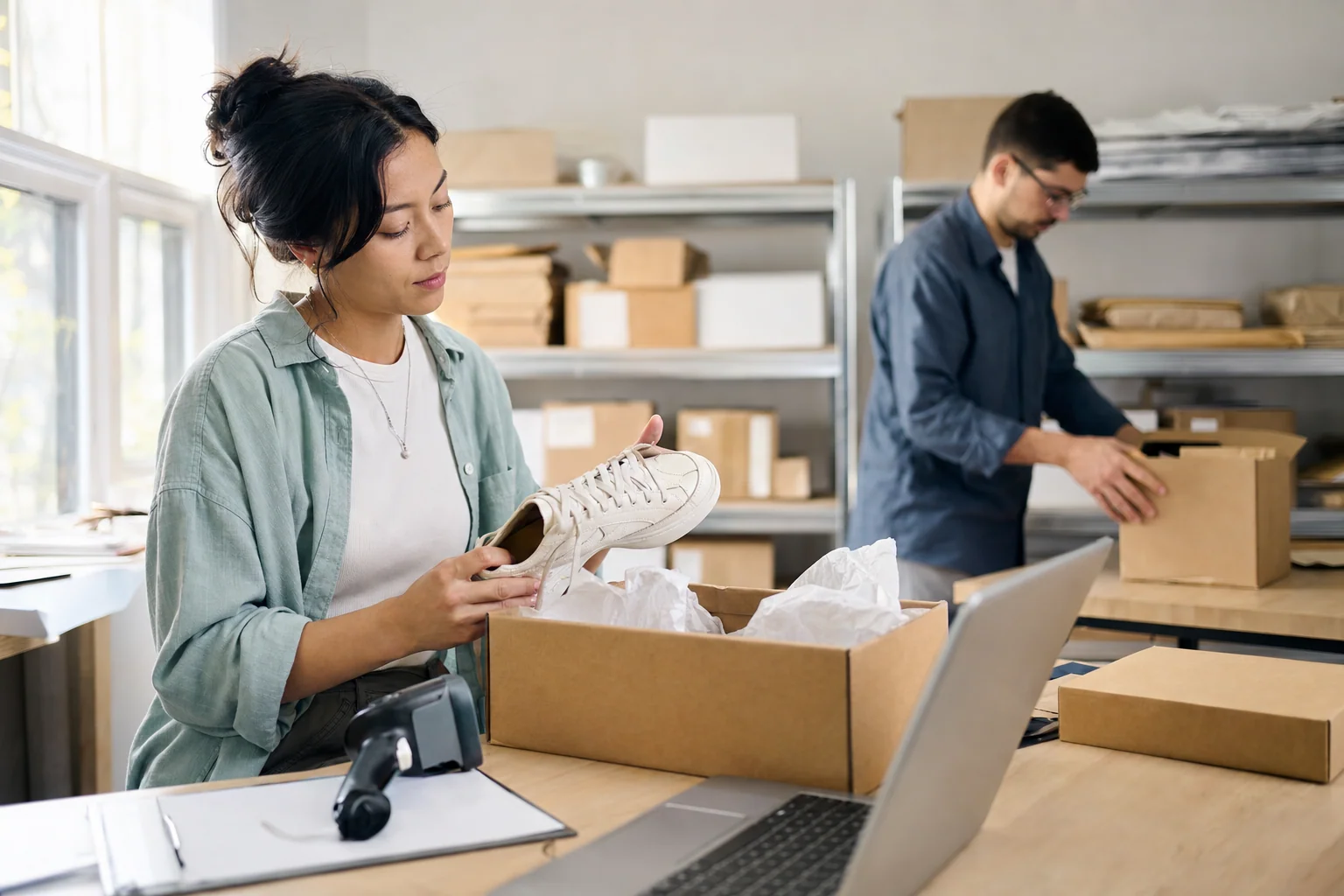 At the returns station of an online store, a worker inspects a returned pair of shoes from an open box while a colleague packs parcels.