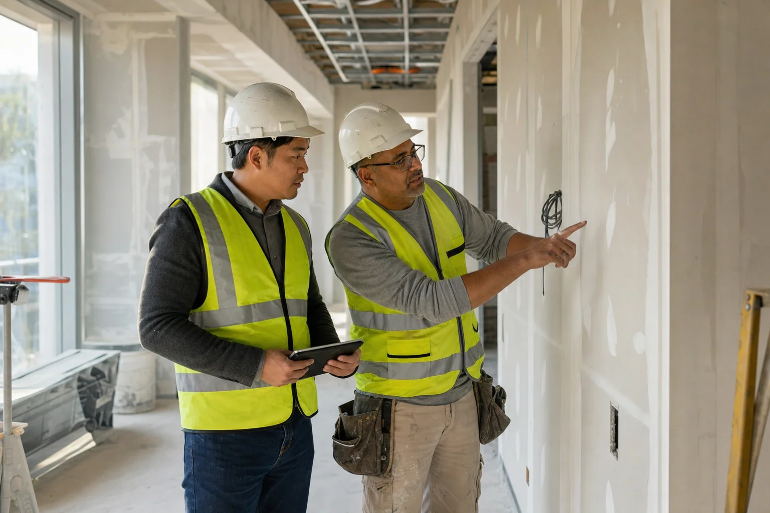 A site supervisor with a tablet and a subcontractor in helmets and high-visibility vests inspect a drywall detail on a building floor under construction.