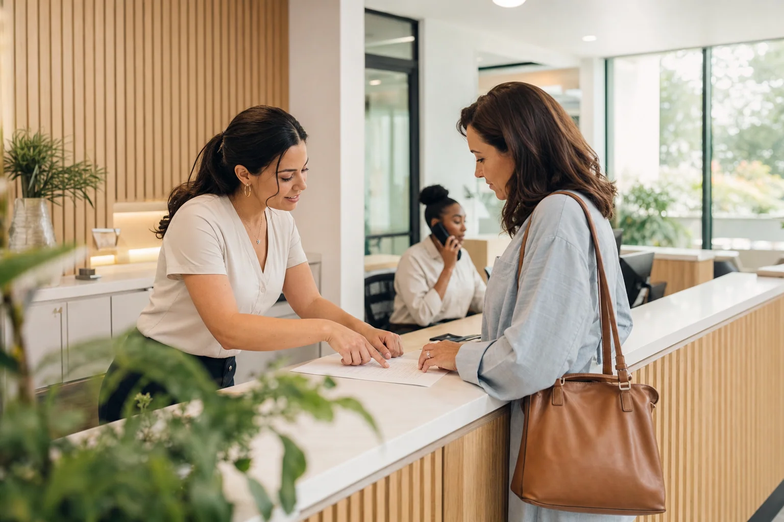 At the admissions desk of a bright outpatient clinic, a coordinator helps a patient check in as both look at a document on the counter, while a colleague answers a phone in the background.