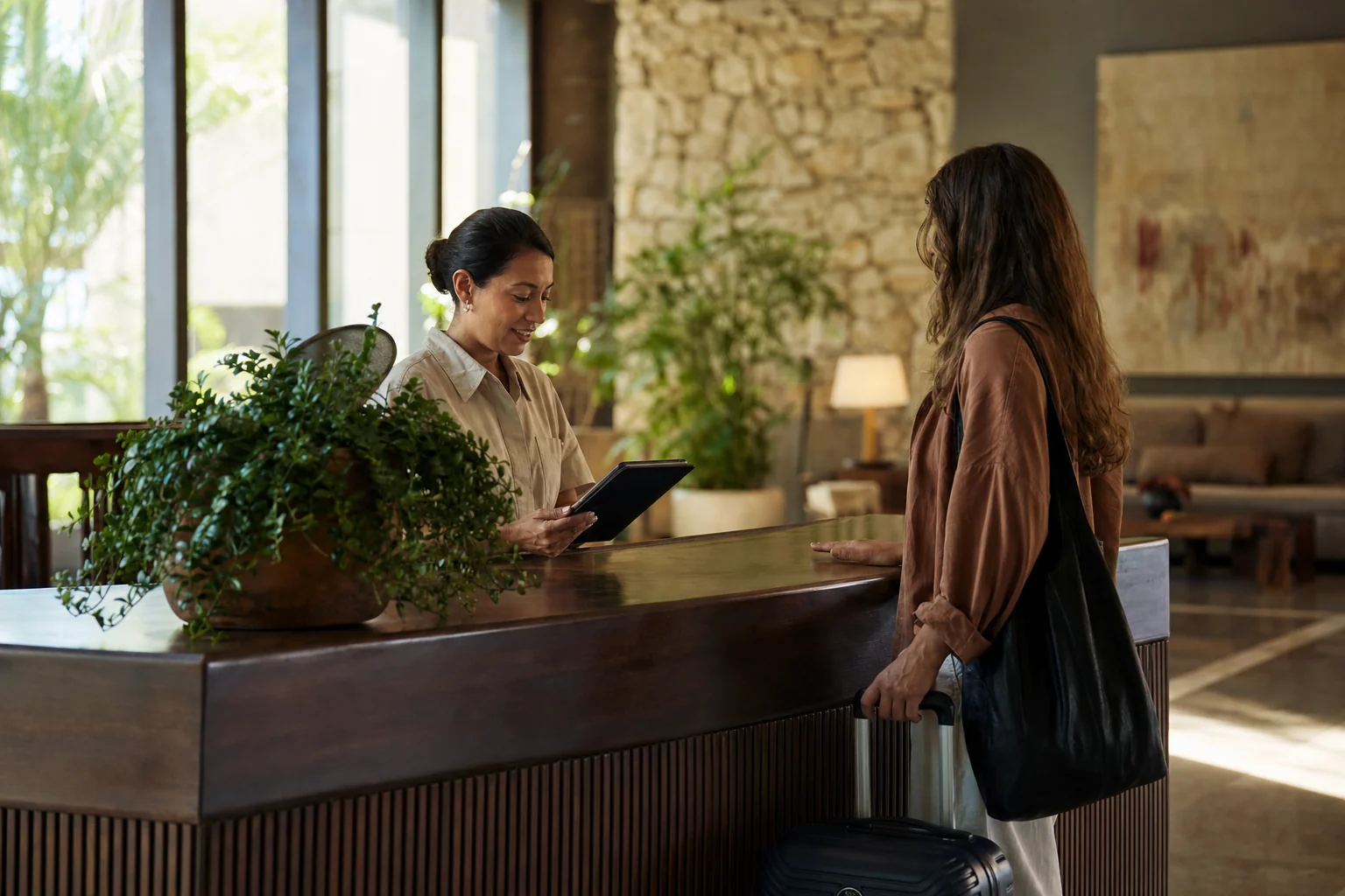 A front desk agent in a sunlit hotel lobby helps an arriving guest while checking a tablet.