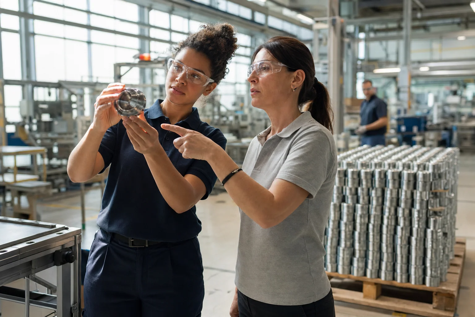 A quality technician in safety glasses examines a sample part with a line supervisor next to a finished batch on a pallet in a bright factory.