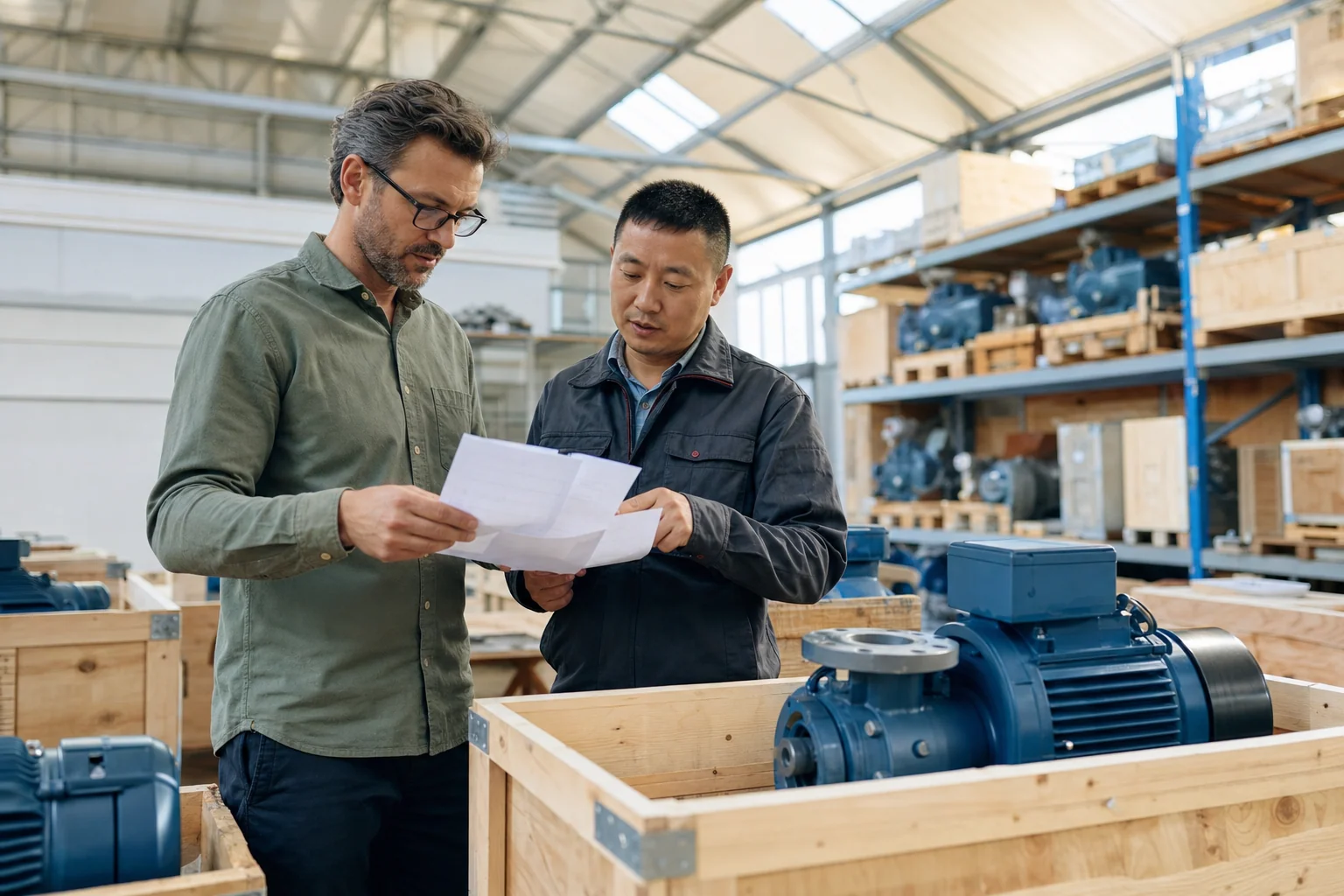 A buyer holding printed supplier quotes talks with a maintenance engineer next to crated industrial pumps in a bright plant warehouse.