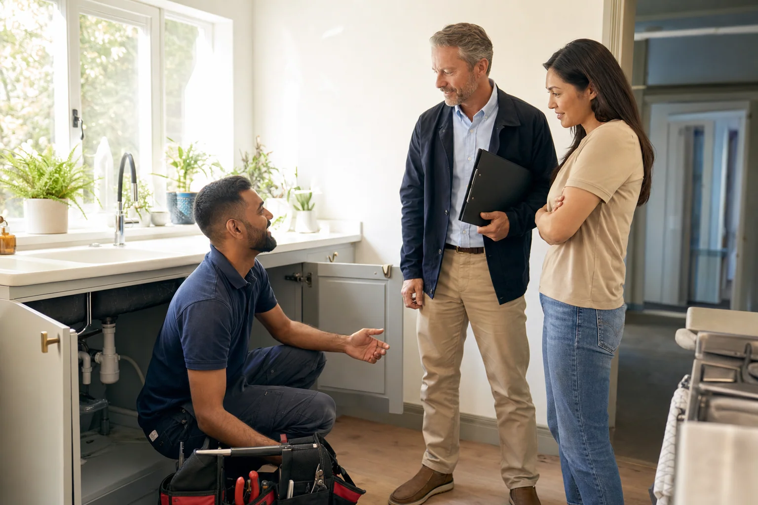 A plumber kneels at the open cabinet under a kitchen sink while the property manager, holding a folder, talks with the tenant in a bright apartment.
