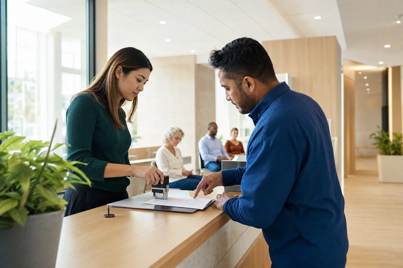 A clerk at the citizen service counter of a bright public office stamps a filing receipt while a citizen hands over a written request; other citizens wait in the background.