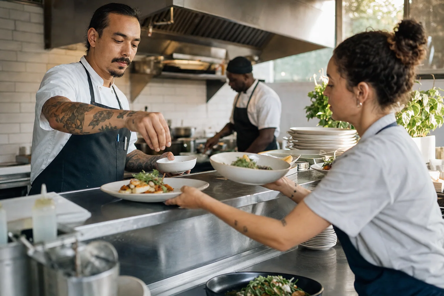 At the kitchen pass during lunch service, a chef plates a dish while a server reaches for a ready plate and a line cook works the stove behind them, lit by warm daylight from a high window.