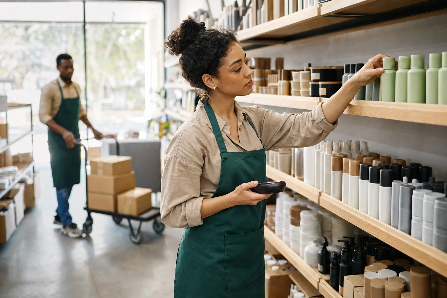 Early in the morning in a bright neighborhood store, an associate restocks a shelf holding a handheld scanner while a colleague pushes a cart of boxes behind her in soft morning light.