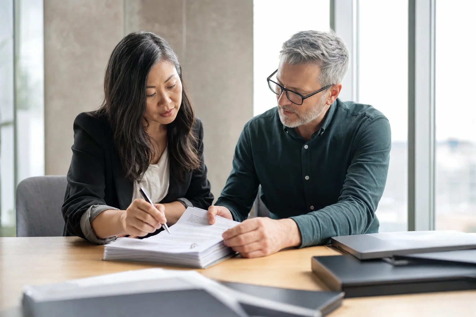 An internal auditor and a compliance officer review printed records together at a bright meeting table, one marking a page with a pen.