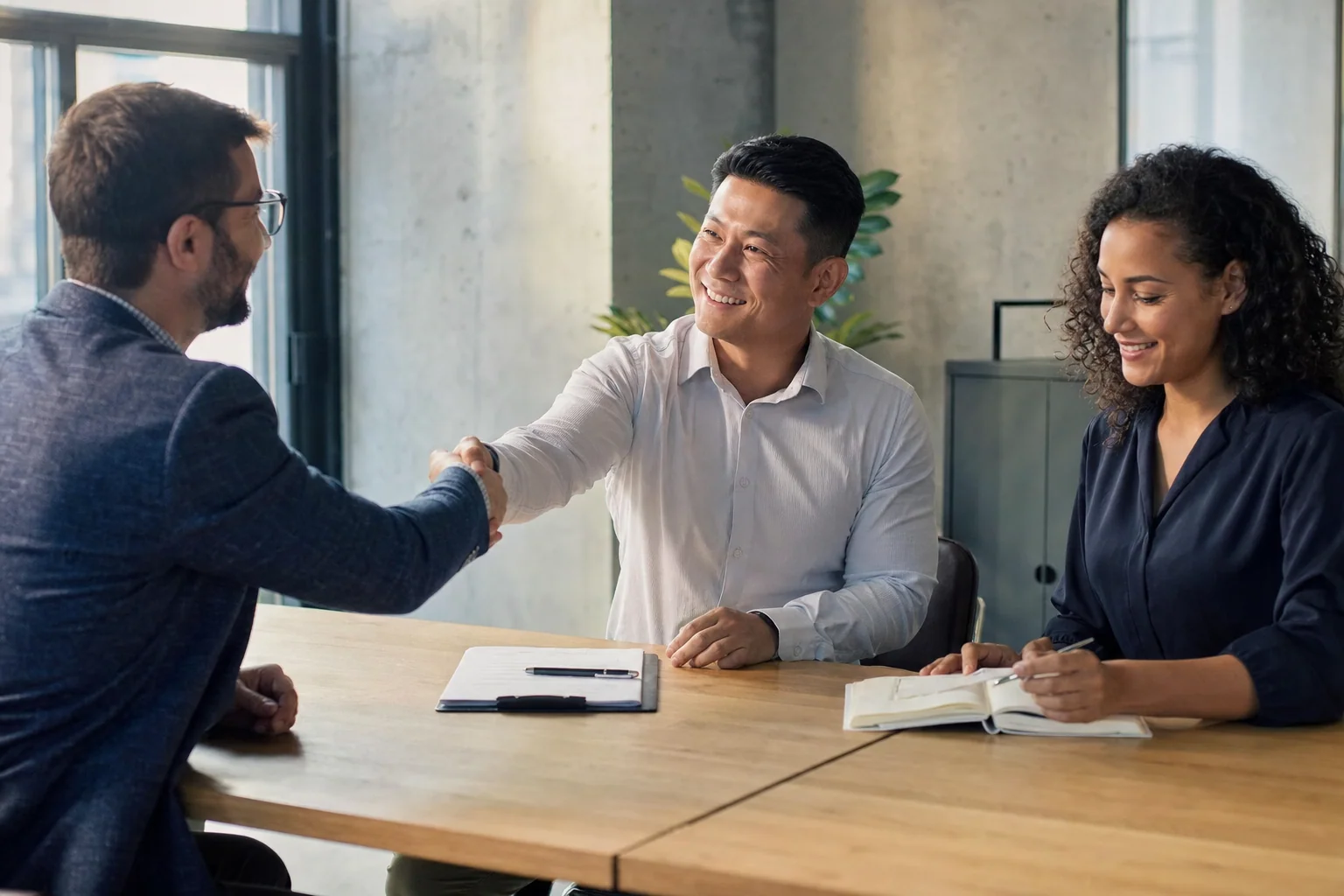 An account executive shakes hands with a new customer after signing an agreement while a customer success manager plans the kickoff.