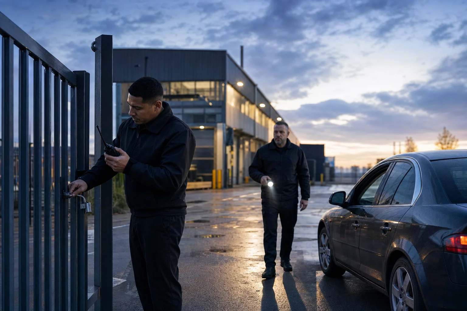 At dusk, a security guard with a radio checks the gate of a logistics warehouse while a patrol supervisor approaches with a flashlight.