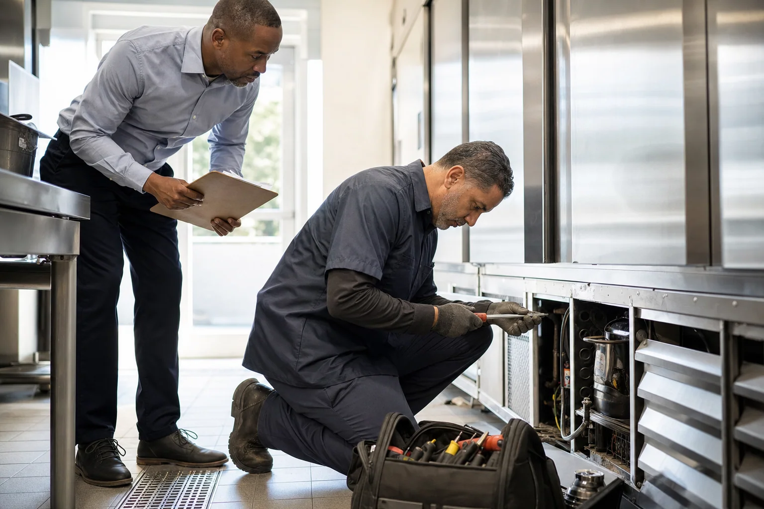 A field service technician repairs a commercial refrigeration unit in a restaurant back room while the manager watches with a clipboard.