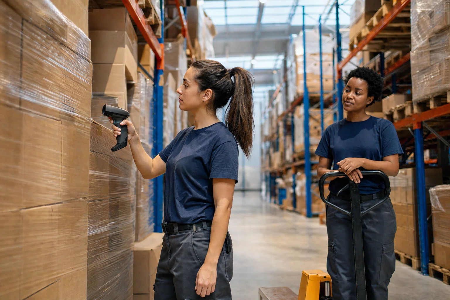 Between tall warehouse racks, an inventory controller scans a pallet label while a colleague with a pallet jack waits beside her.