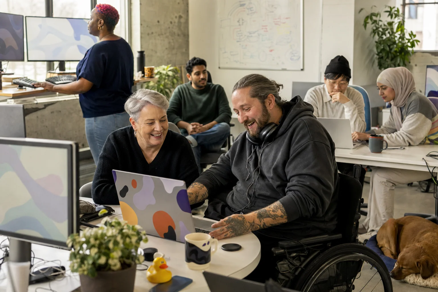 A developer in a wheelchair and a customer success lead review a customer escalation on a sticker-covered laptop, while a diverse software team works around them in a bright, lived-in space.