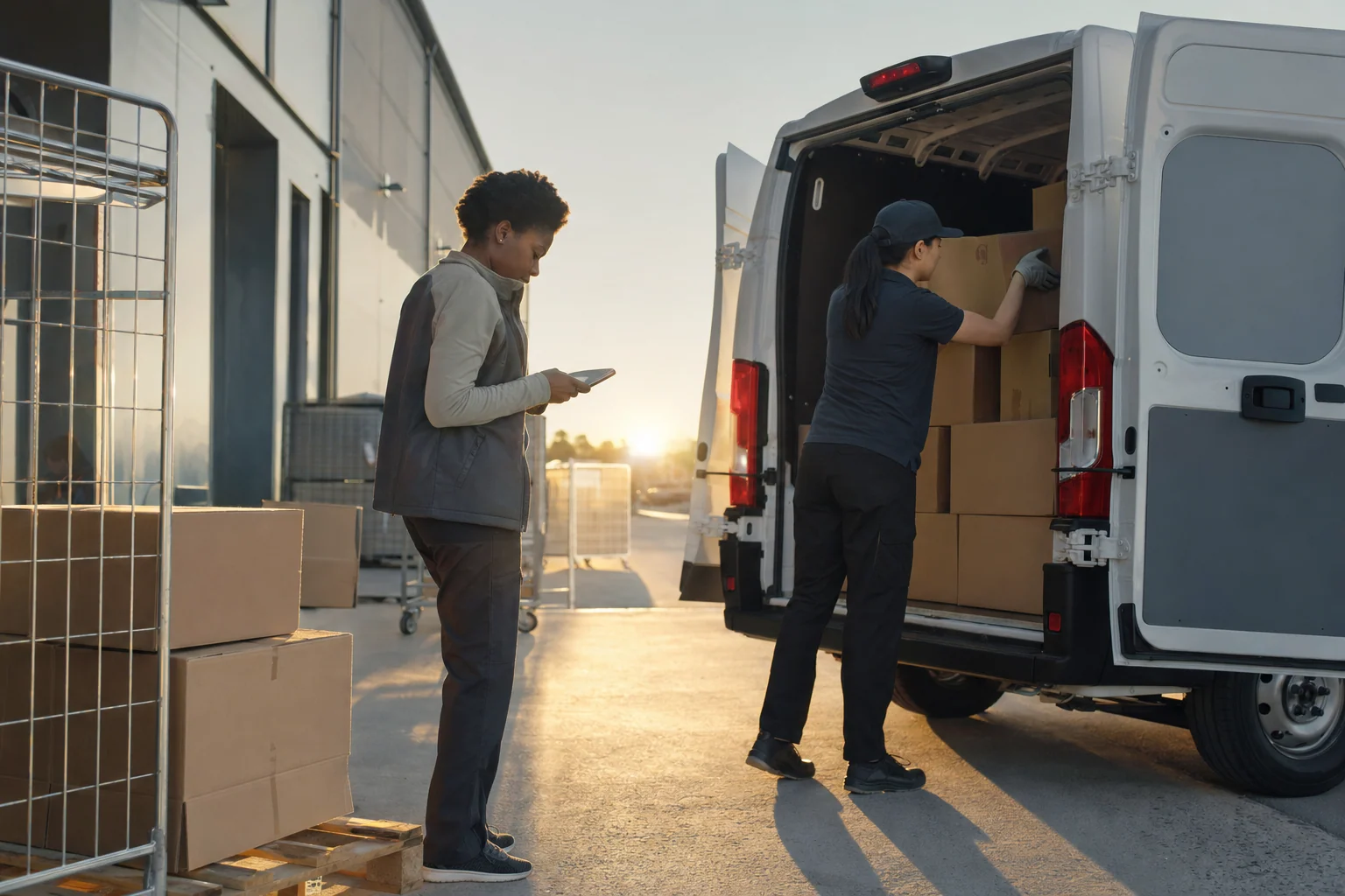 At a loading dock at sunrise, a dispatcher checks a tablet held low while a driver loads parcels into the back of a white van, among stacked boxes and roll cages.