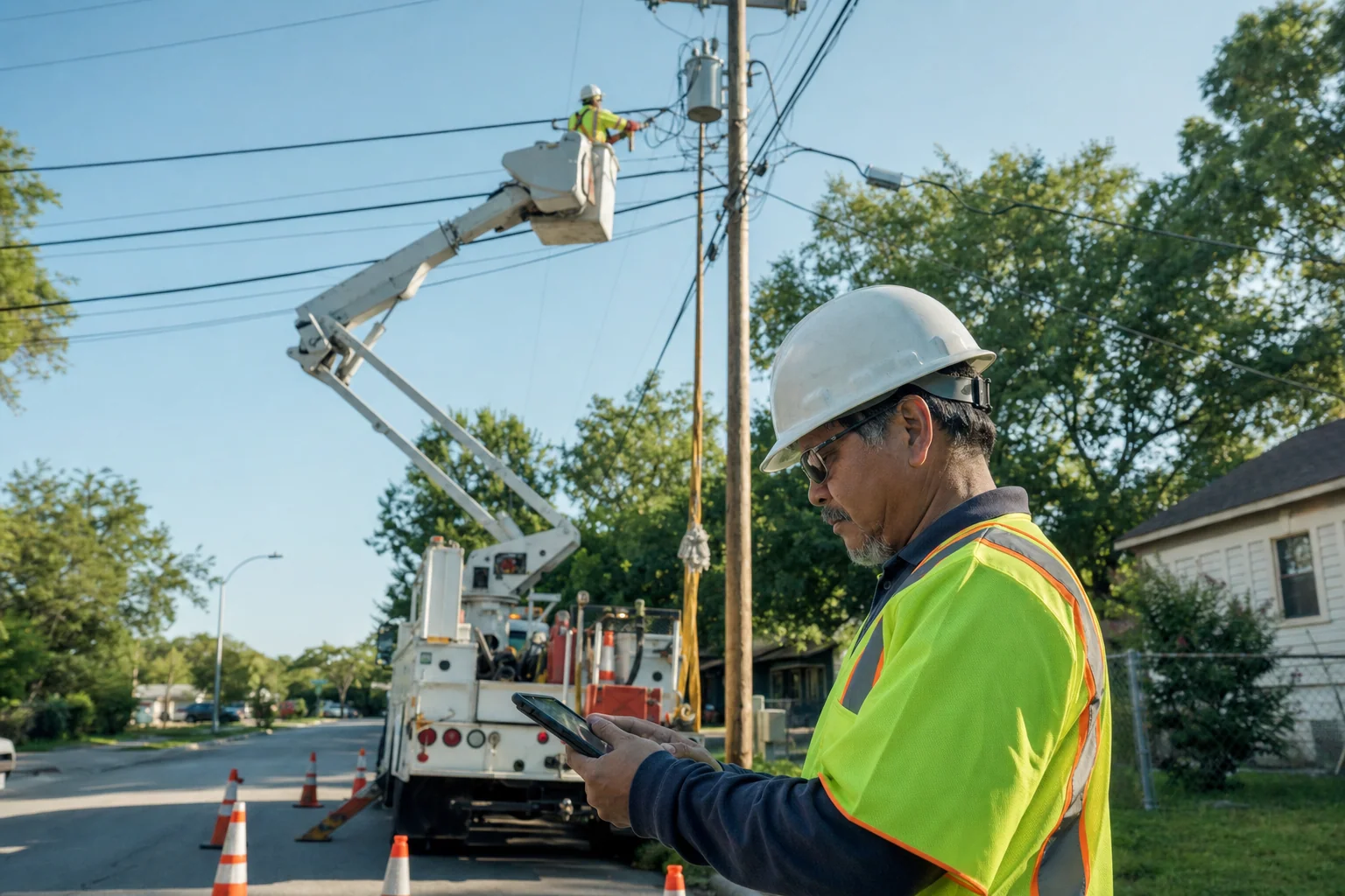A lineworker in a bucket truck works on a pole-mounted transformer while a crew supervisor in a helmet and high-visibility vest checks a tablet on the street below.